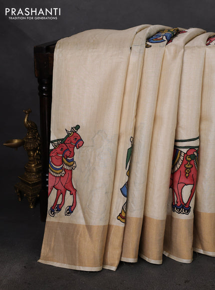 Pure tussar silk saree cream with kalamkari applique work