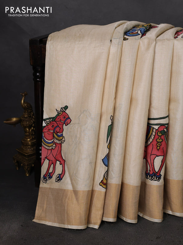 Pure tussar silk saree cream with kalamkari applique work