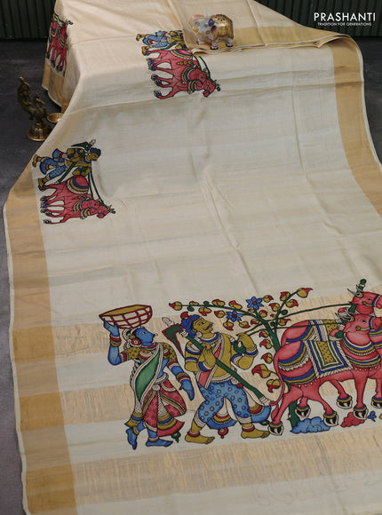 Pure tussar silk saree cream with kalamkari applique work