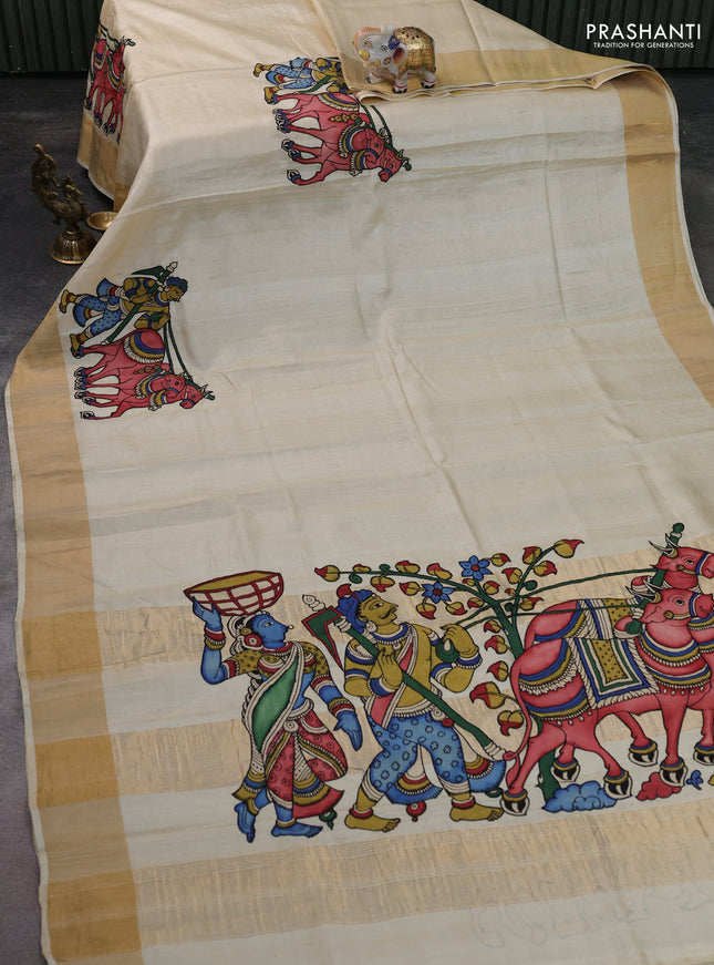 Pure tussar silk saree cream with kalamkari applique work