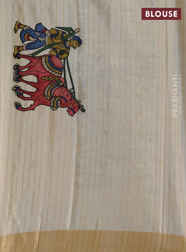 Pure tussar silk saree cream with kalamkari applique work