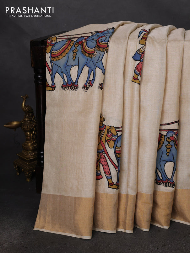 Pure tussar silk saree cream with kalamkari applique work