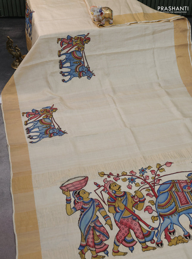 Pure tussar silk saree cream with kalamkari applique work