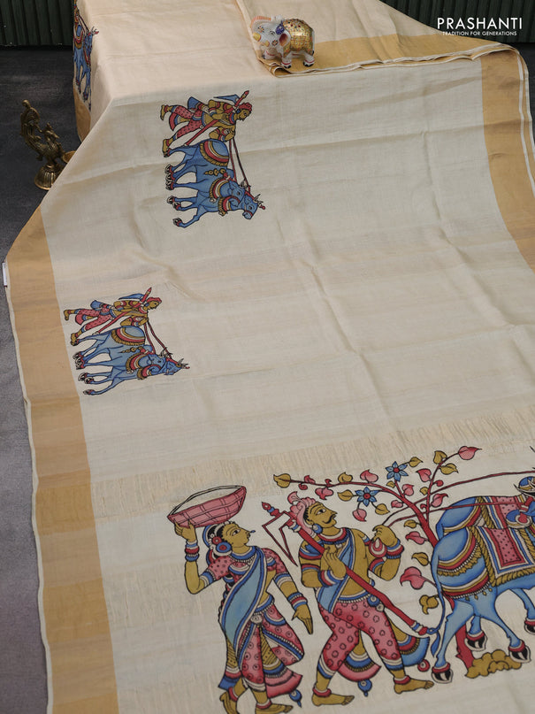 Pure tussar silk saree cream with kalamkari applique work