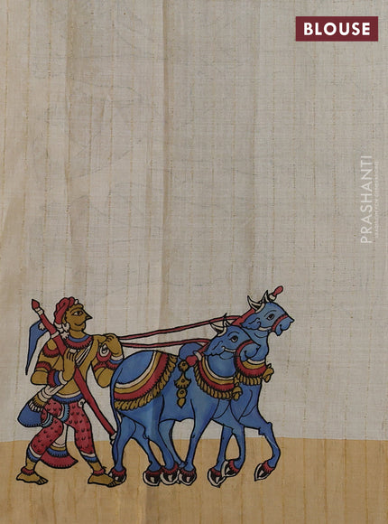 Pure tussar silk saree cream with kalamkari applique work