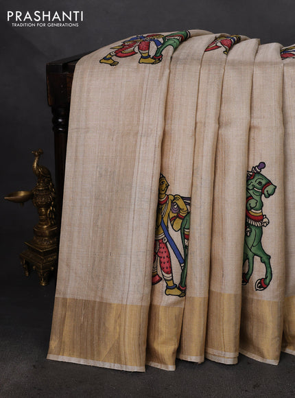 Pure tussar silk saree cream with kalamkari applique work