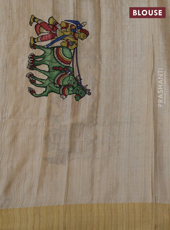 Pure tussar silk saree cream with kalamkari applique work