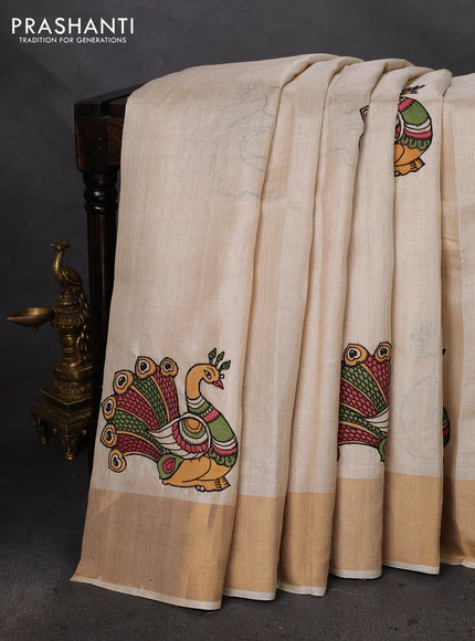 Pure tussar silk saree cream with kalamkari applique work