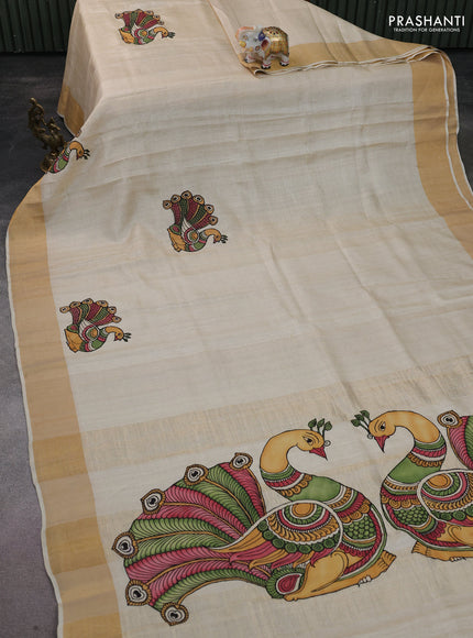 Pure tussar silk saree cream with kalamkari applique work