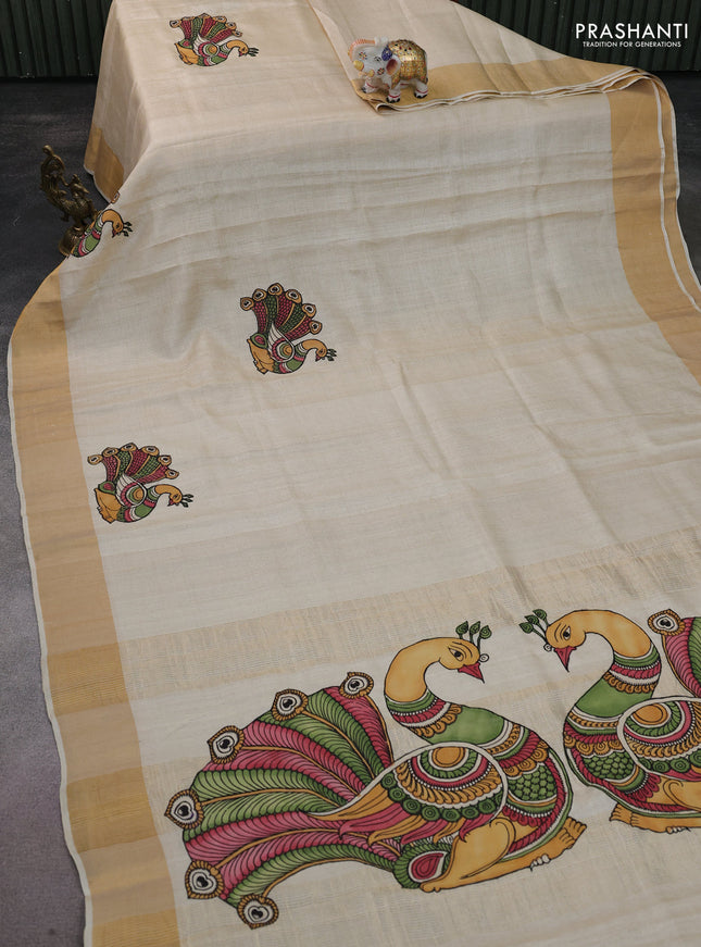 Pure tussar silk saree cream with kalamkari applique work