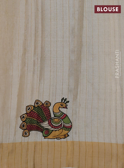 Pure tussar silk saree cream with kalamkari applique work