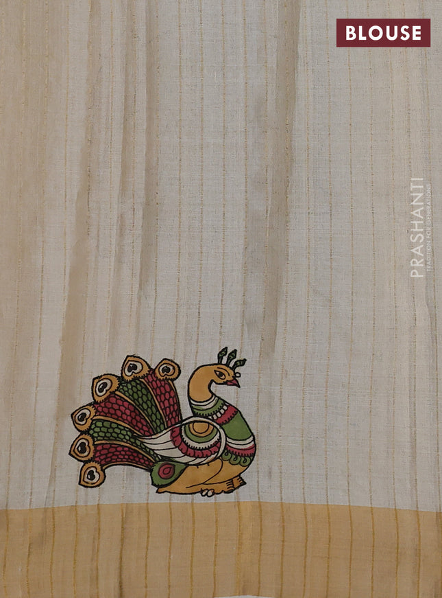 Pure tussar silk saree cream with kalamkari applique work