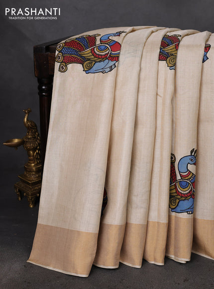 Pure tussar silk saree cream with kalamkari applique work