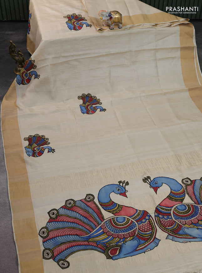 Pure tussar silk saree cream with kalamkari applique work