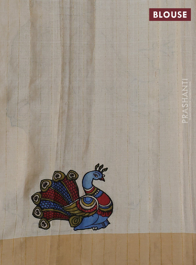 Pure tussar silk saree cream with kalamkari applique work