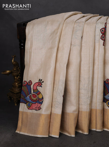 Pure tussar silk saree cream with kalamkari applique work