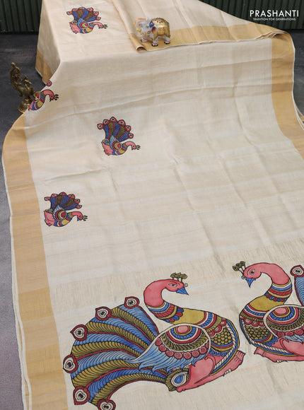 Pure tussar silk saree cream with kalamkari applique work