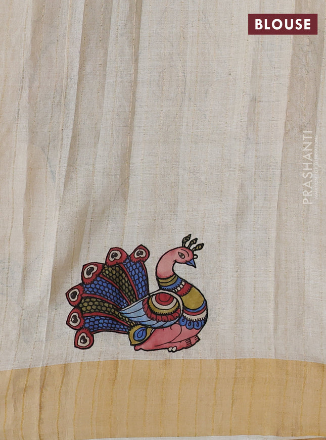 Pure tussar silk saree cream with kalamkari applique work