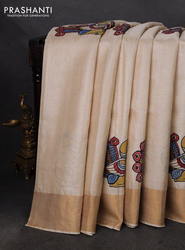Pure tussar silk saree cream with kalamkari applique work