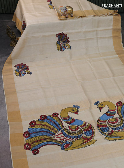 Pure tussar silk saree cream with kalamkari applique work