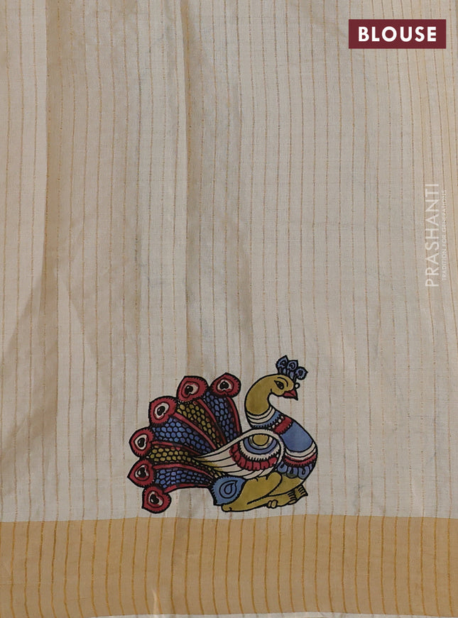 Pure tussar silk saree cream with kalamkari applique work