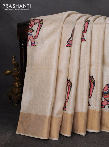 Pure tussar silk saree cream with kalamkari applique work