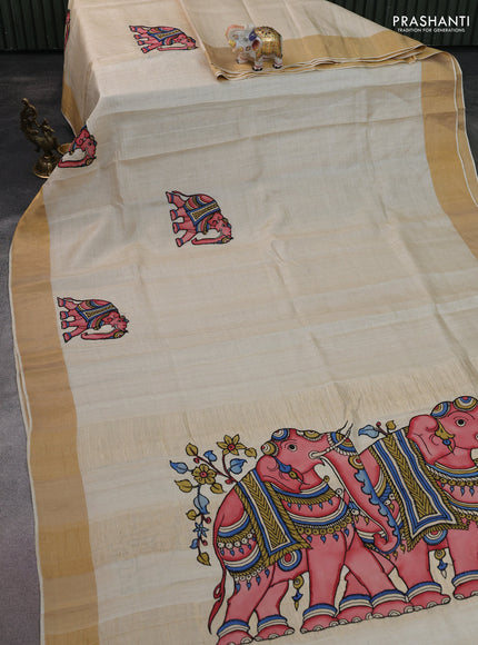Pure tussar silk saree cream with kalamkari applique work