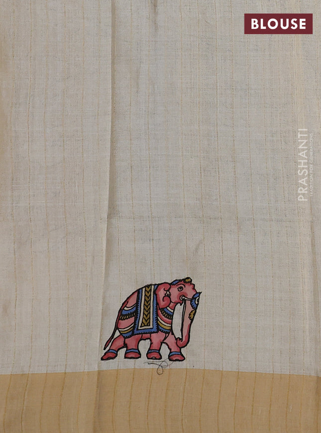 Pure tussar silk saree cream with kalamkari applique work