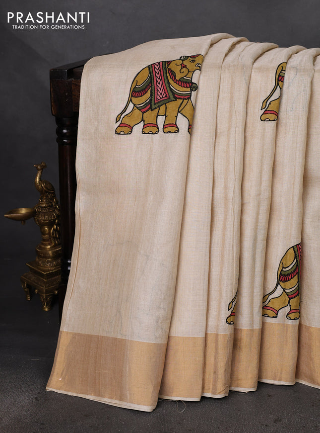 Pure tussar silk saree cream with kalamkari applique work