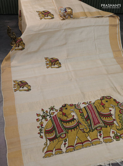 Pure tussar silk saree cream with kalamkari applique work