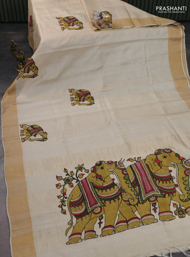 Pure tussar silk saree cream with kalamkari applique work