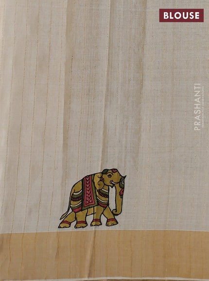 Pure tussar silk saree cream with kalamkari applique work
