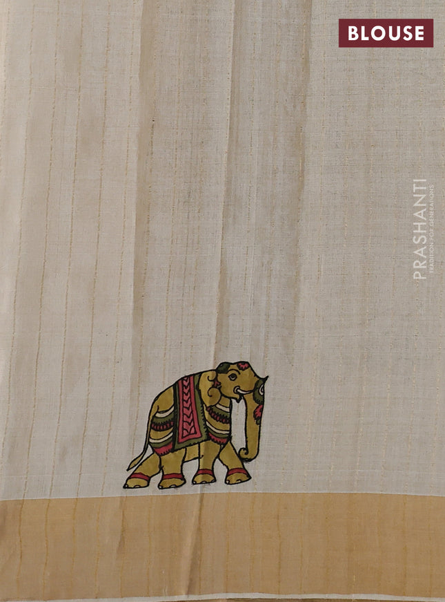 Pure tussar silk saree cream with kalamkari applique work