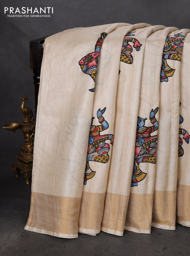 Pure tussar silk saree cream with kalamkari applique work