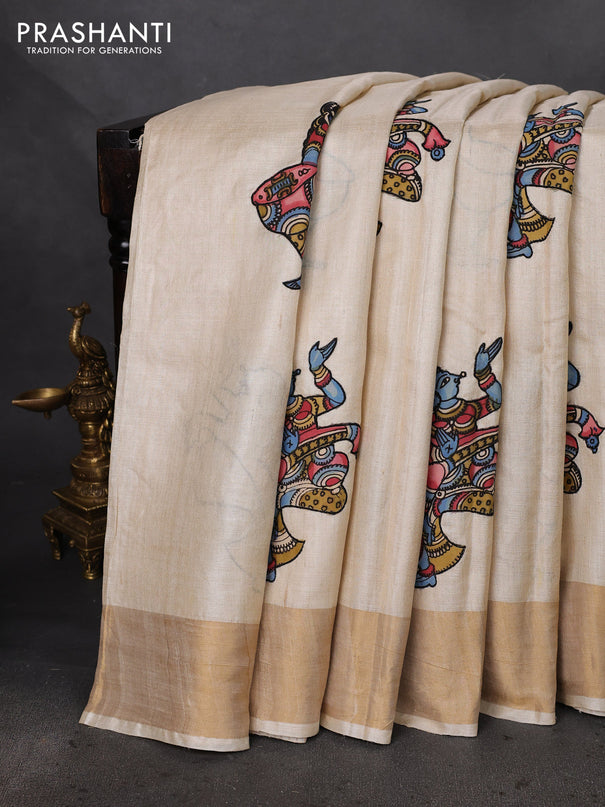 Pure tussar silk saree cream with kalamkari applique work