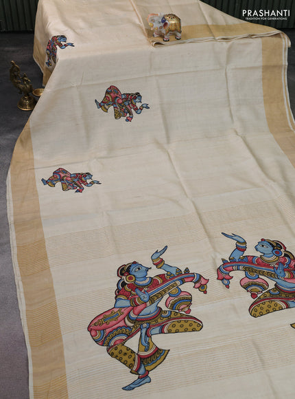 Pure tussar silk saree cream with kalamkari applique work