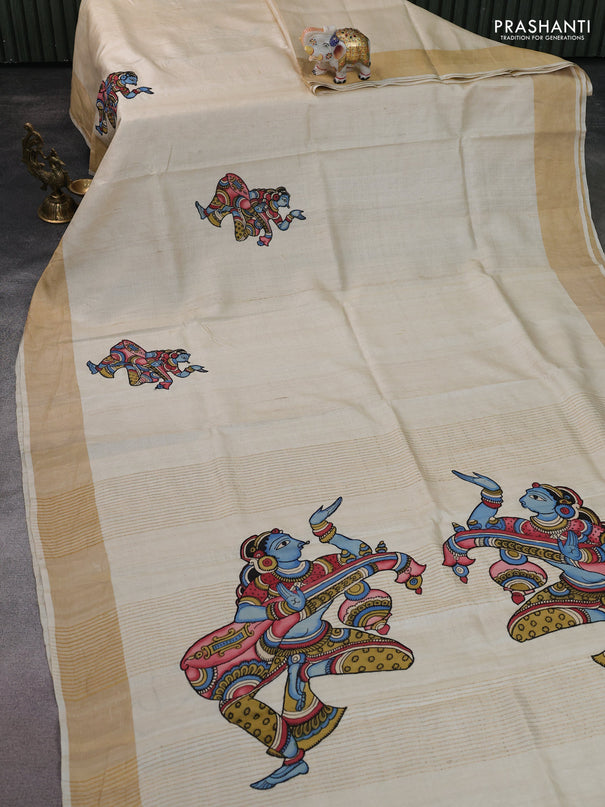 Pure tussar silk saree cream with kalamkari applique work