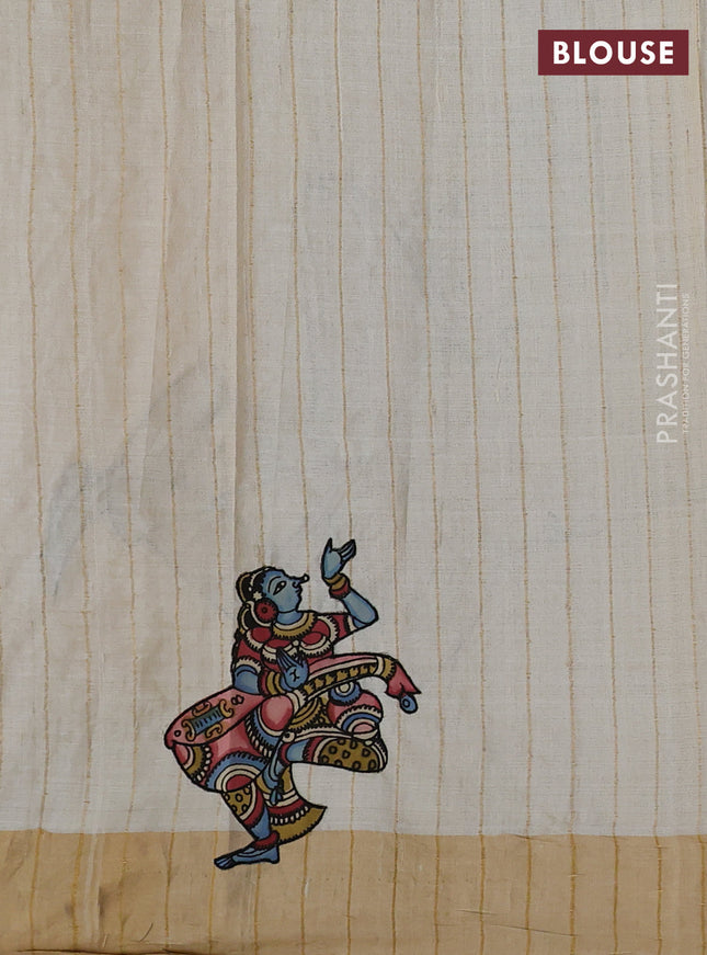 Pure tussar silk saree cream with kalamkari applique work