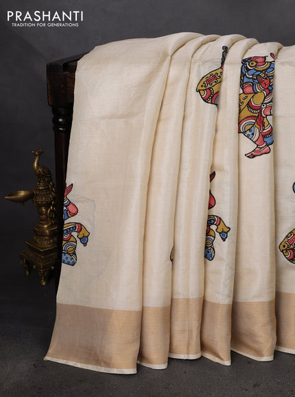 Pure tussar silk saree cream with kalamkari applique work