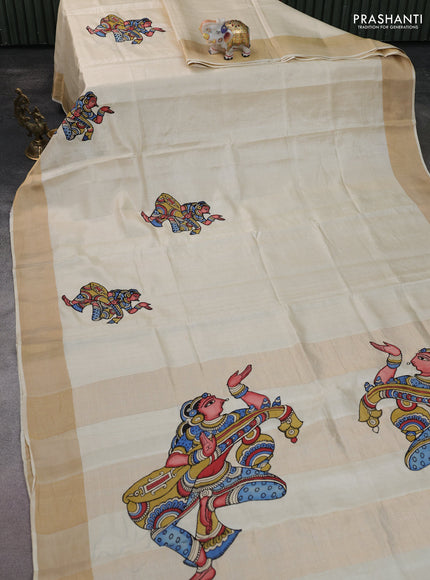 Pure tussar silk saree cream with kalamkari applique work