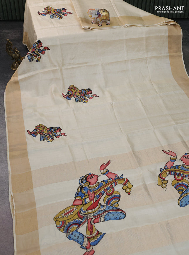 Pure tussar silk saree cream with kalamkari applique work
