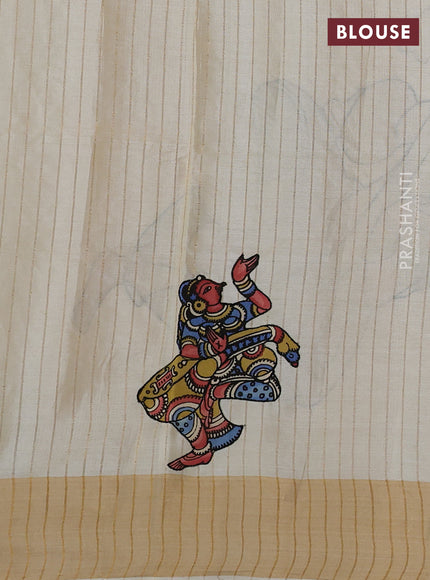 Pure tussar silk saree cream with kalamkari applique work