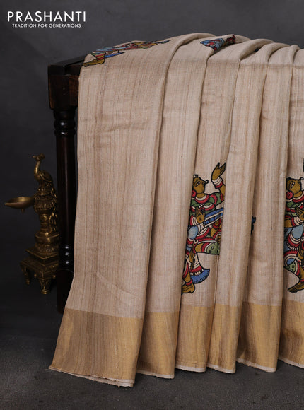 Pure tussar silk saree beige with kalamkari applique work
