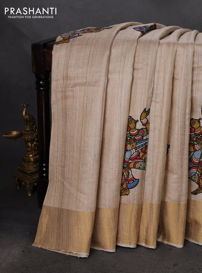Pure tussar silk saree beige with kalamkari applique work