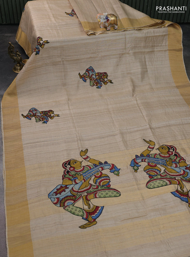 Pure tussar silk saree beige with kalamkari applique work