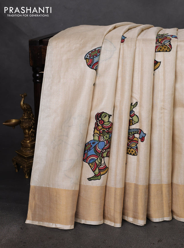 Pure tussar silk saree cream with kalamkari applique work