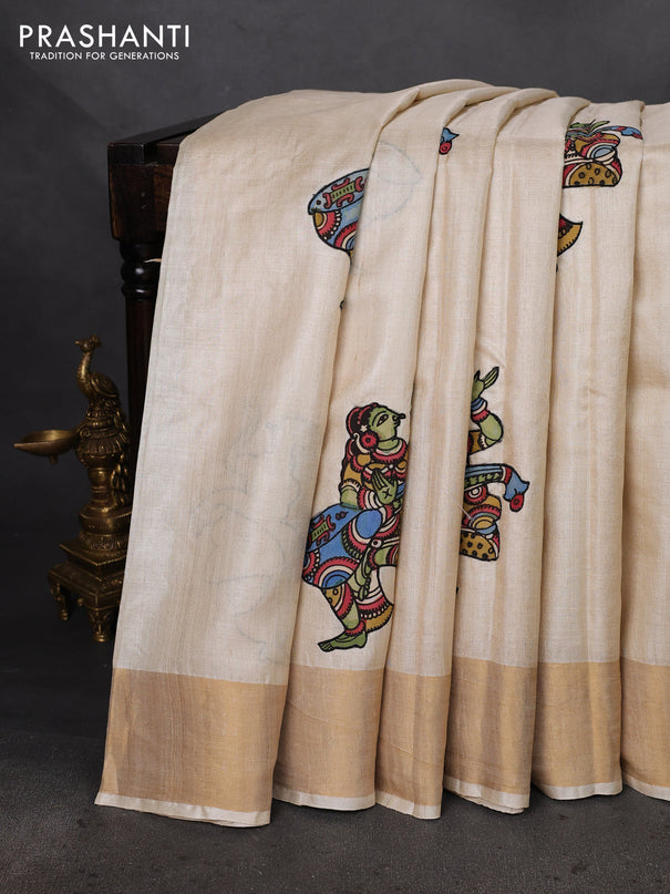 Pure tussar silk saree cream with kalamkari applique work