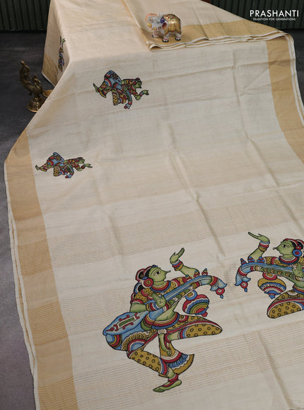 Pure tussar silk saree cream with kalamkari applique work