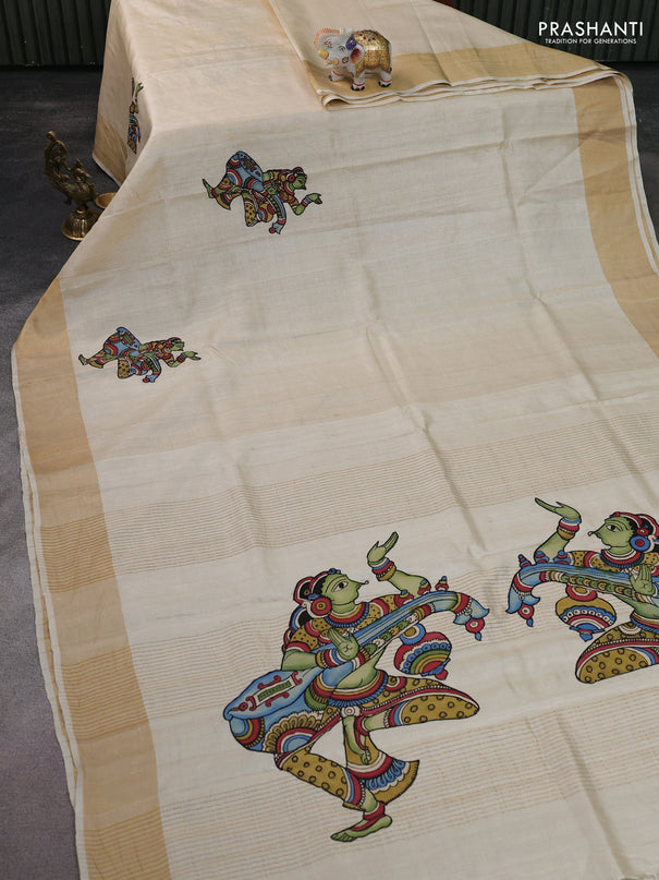 Pure tussar silk saree cream with kalamkari applique work