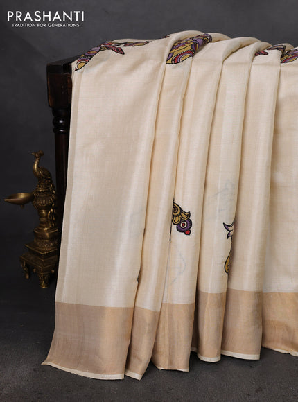 Pure tussar silk saree cream with kalamkari applique work